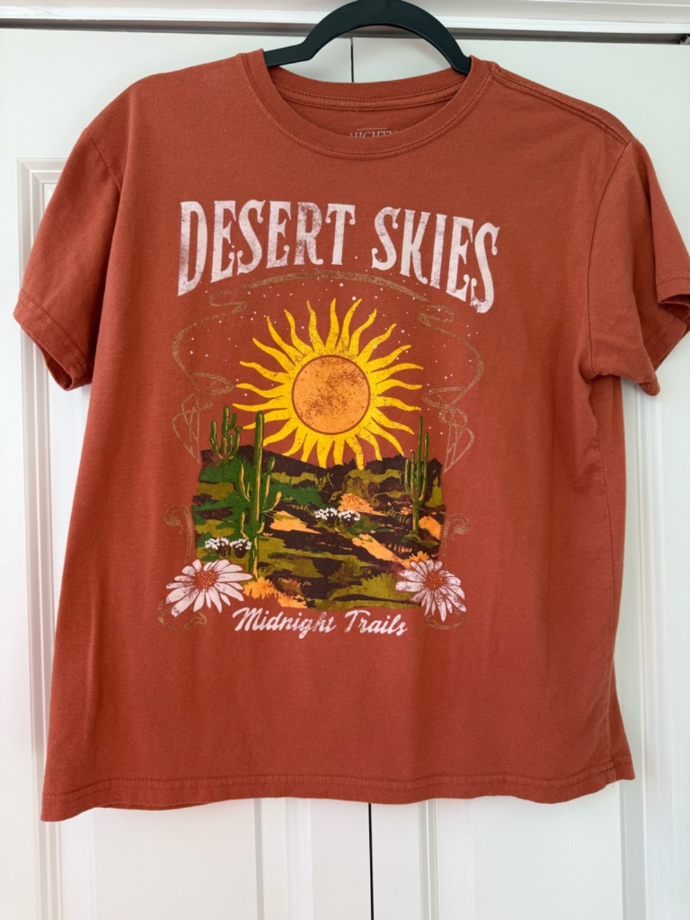 Mighty Fine Rust Tee with Yellow Sun Desert Graphic